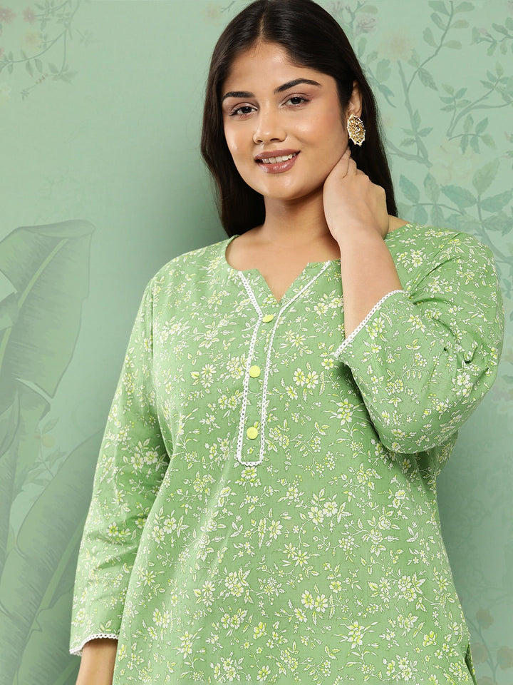 Green & White Floral Cotton Kurta Plus Size-Yufta Store-1278PKURGR3XL