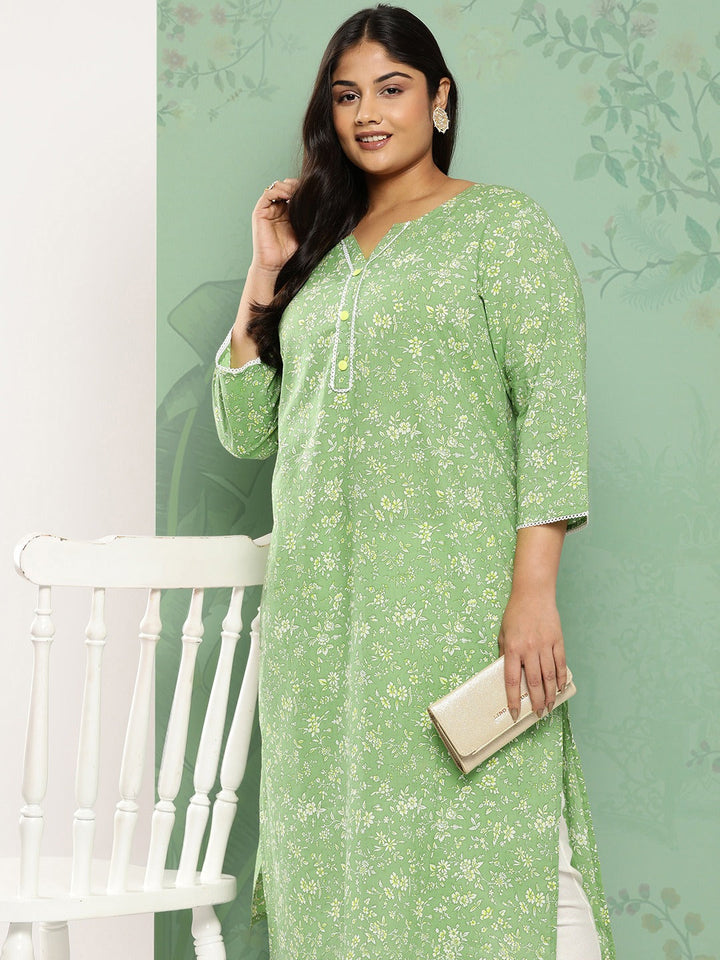 Green & White Floral Cotton Kurta Plus Size-Yufta Store-1278PKURGR3XL