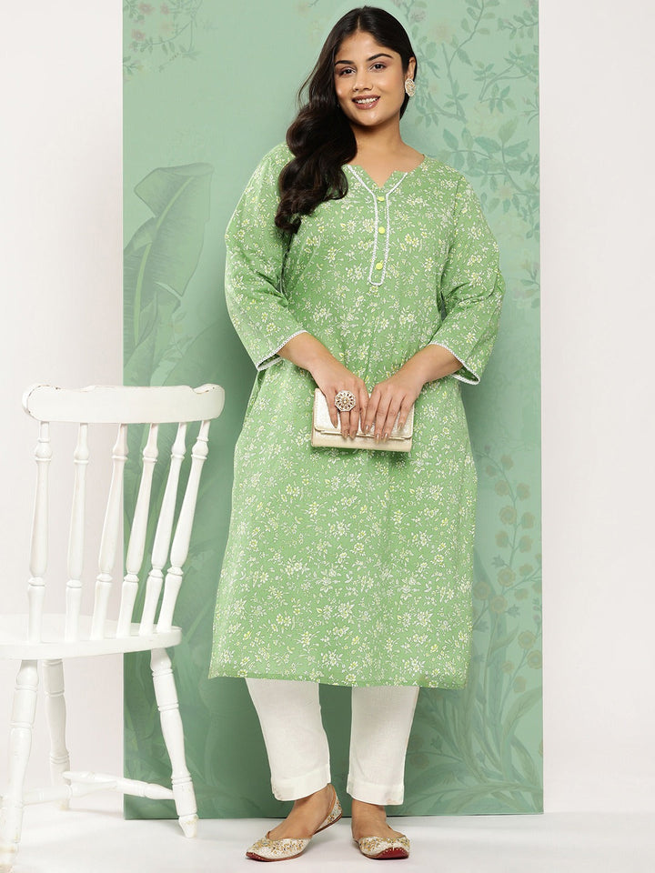 Green & White Floral Cotton Kurta Plus Size-Yufta Store-1278PKURGR3XL