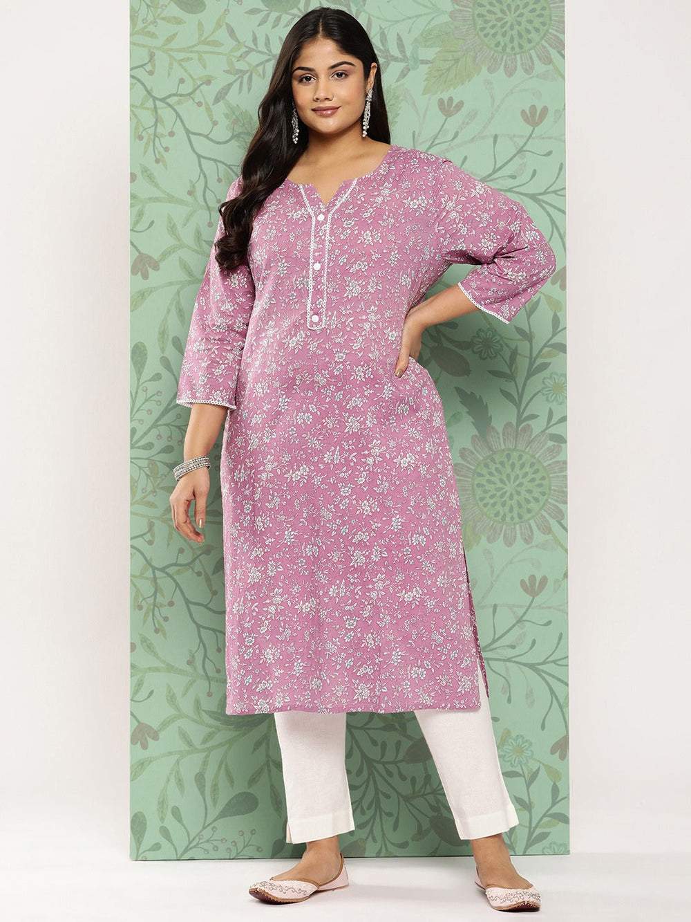 Plus Size Floral Pure Cotton Kurta-Yufta Store-1278PKURPR3XL