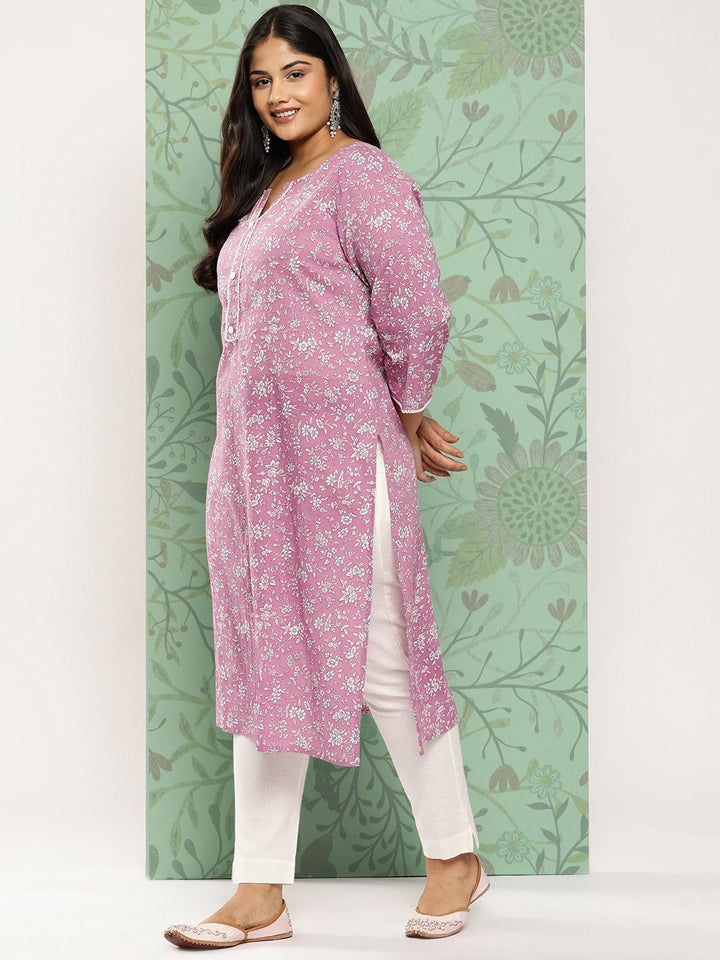 Plus Size Floral Pure Cotton Kurta-Yufta Store-1278PKURPR3XL