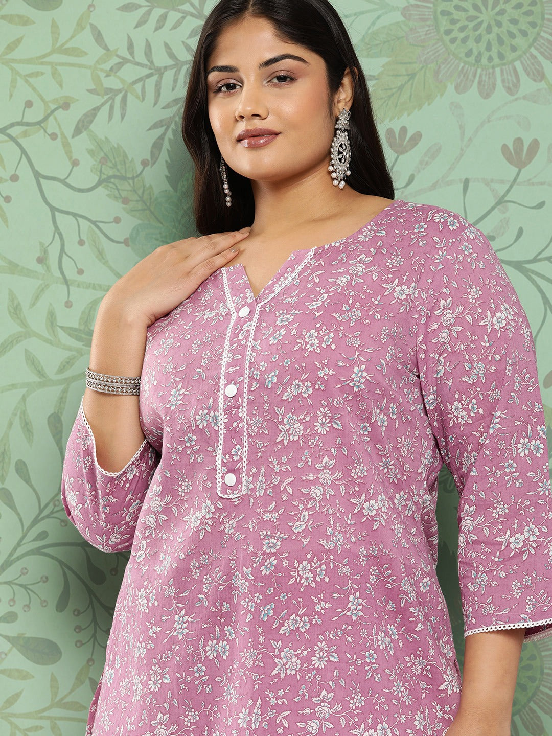 Plus Size Floral Pure Cotton Kurta-Yufta Store-1278PKURPR3XL