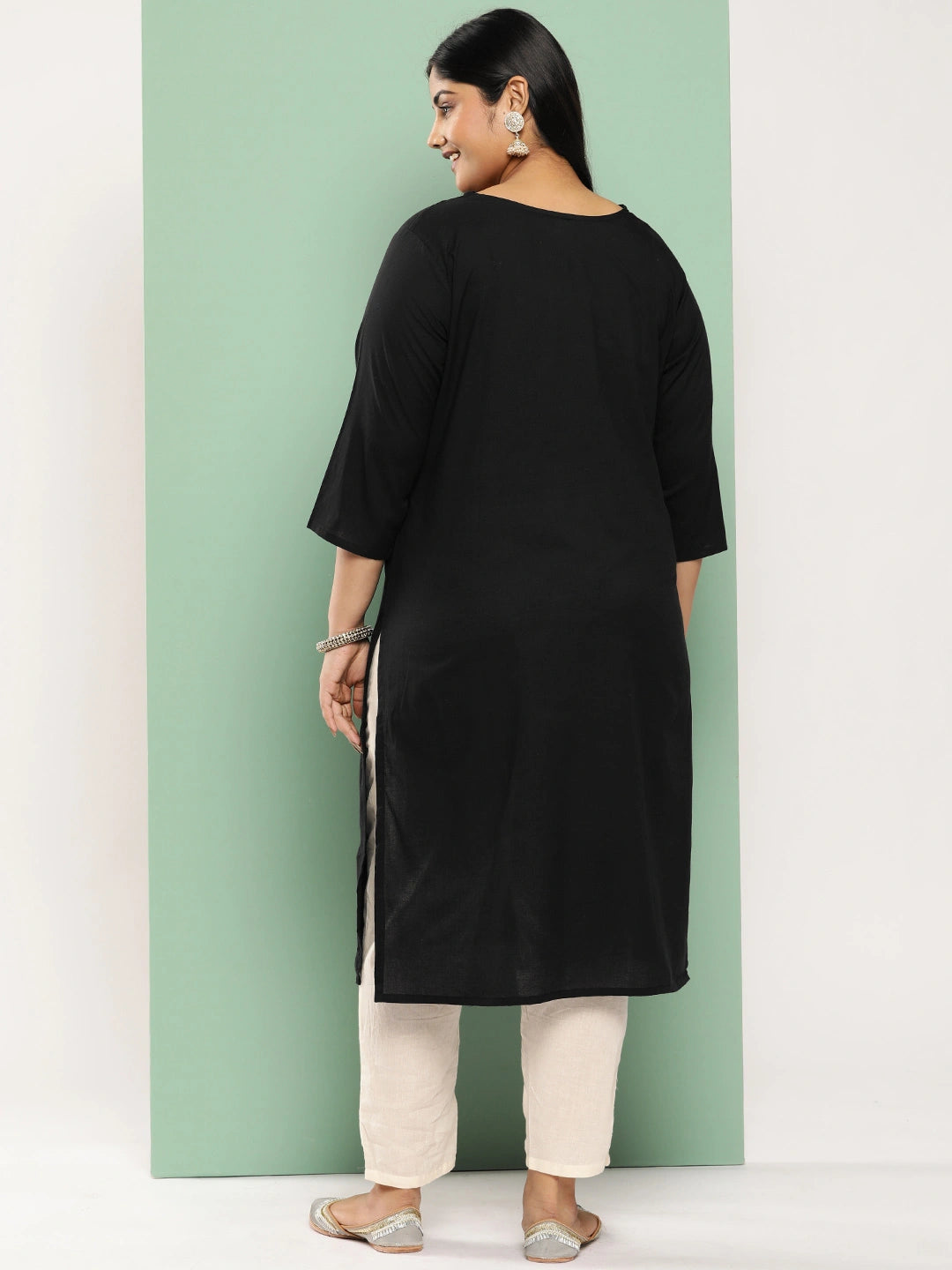 Plus Size Floral Straight Kurta-Yufta Store-1285PKURBK3XL