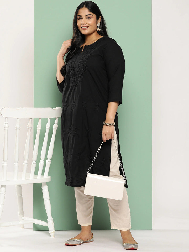 Plus Size Floral Straight Kurta-Yufta Store-1285PKURBK3XL