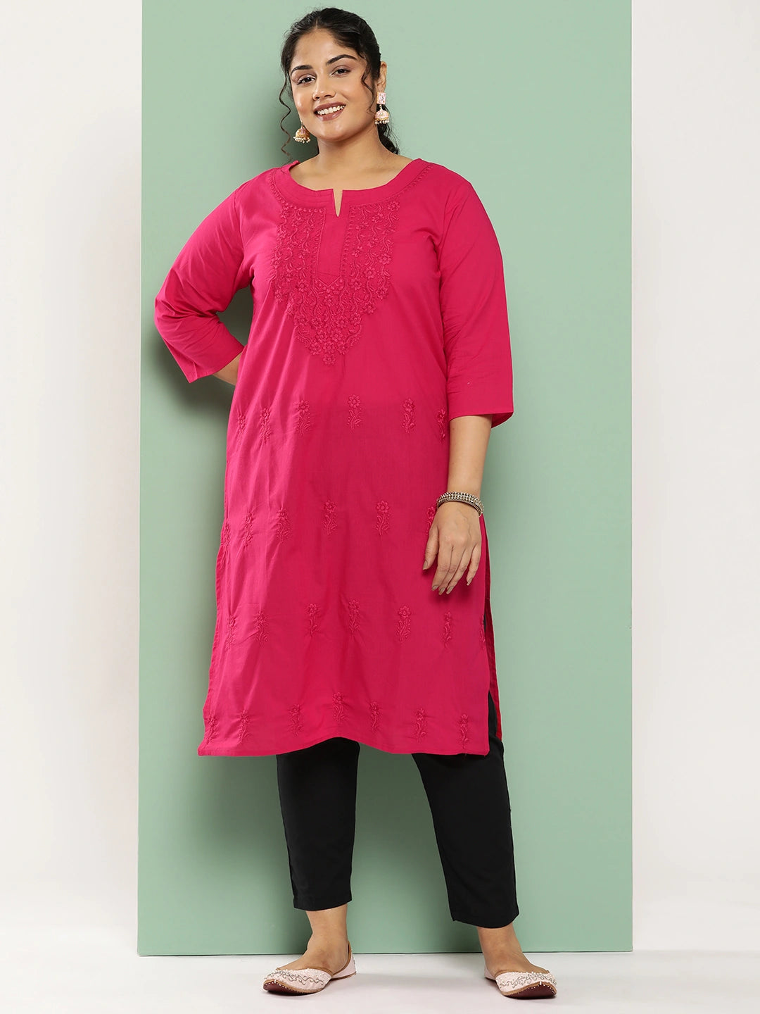 Plus Size Floral Straight Kurta-Yufta Store-1285PKURPK3XL