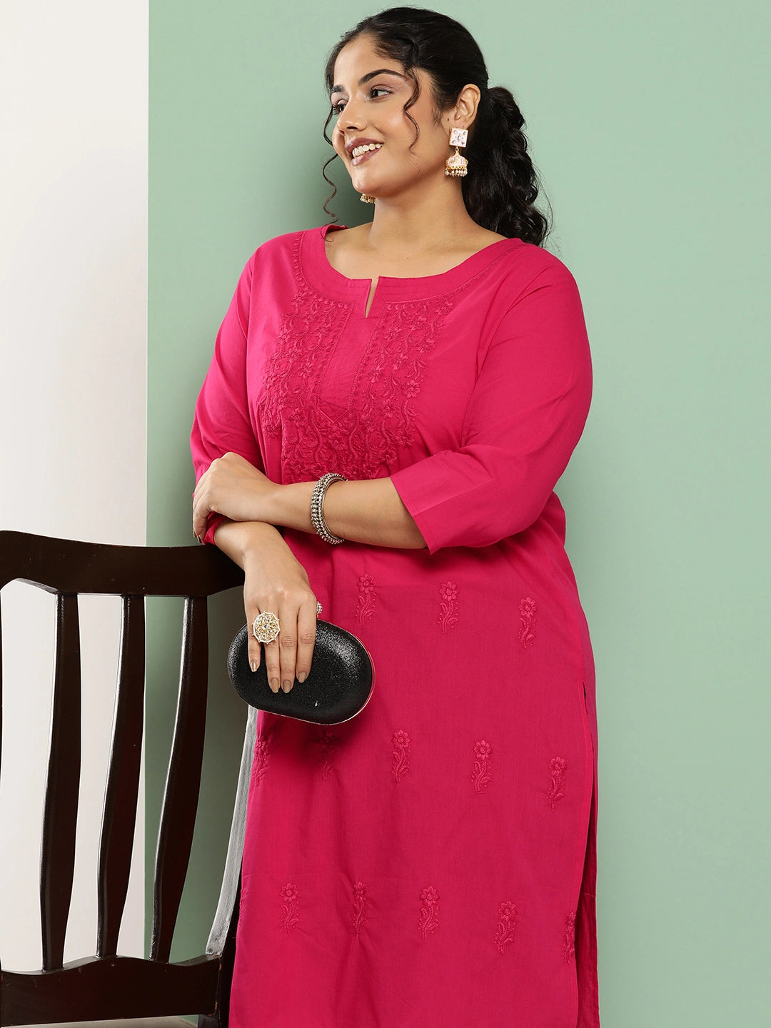 Pink Floral Straight Kurta Plus Size-Yufta Store-1285PKURPK3XL