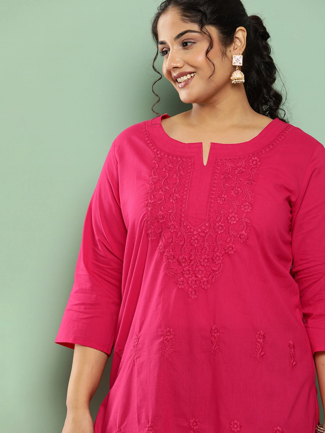 Pink Floral Straight Kurta Plus Size-Yufta Store-1285PKURPK3XL