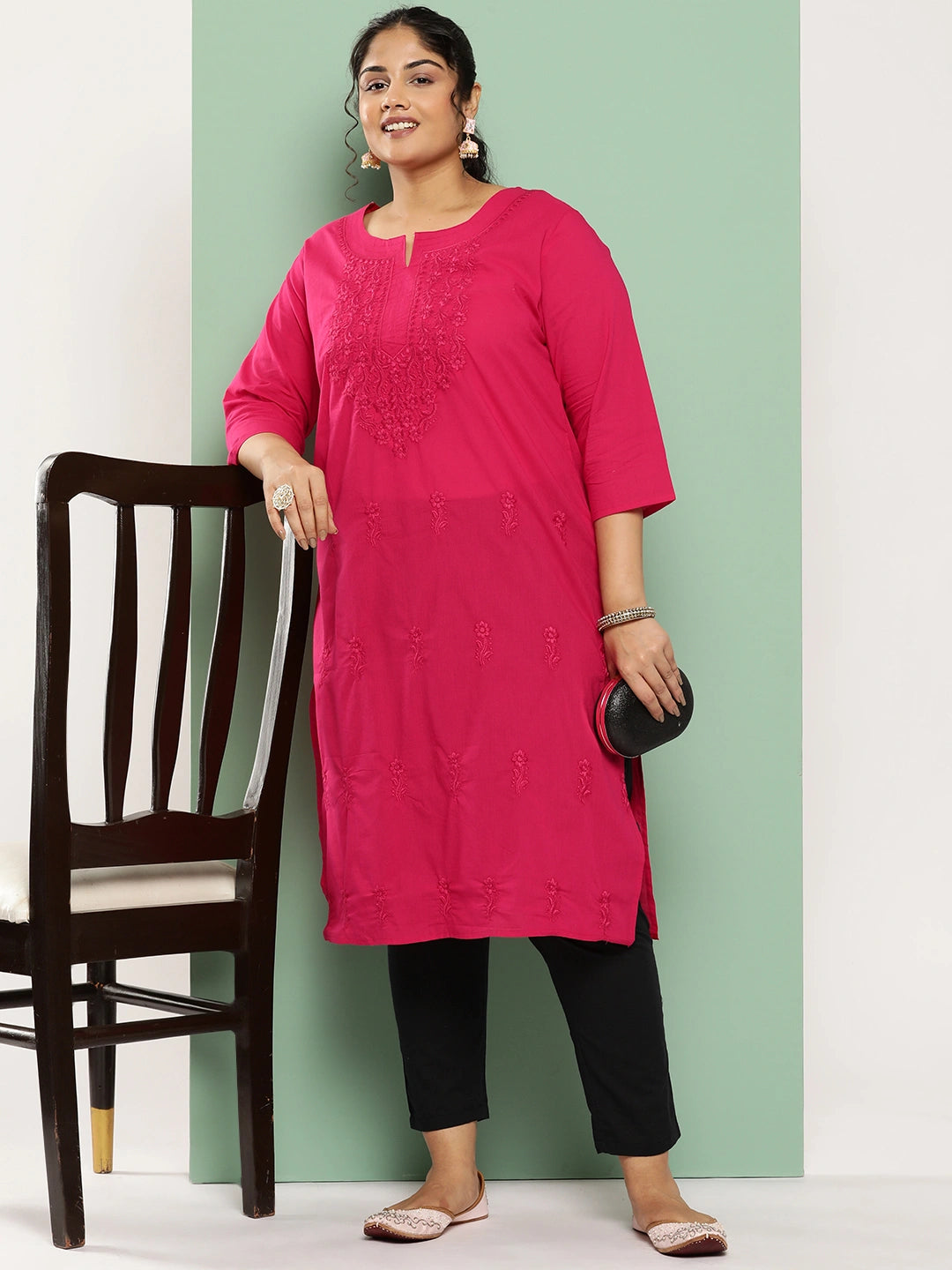 Pink Floral Straight Kurta Plus Size-Yufta Store-1285PKURPK3XL