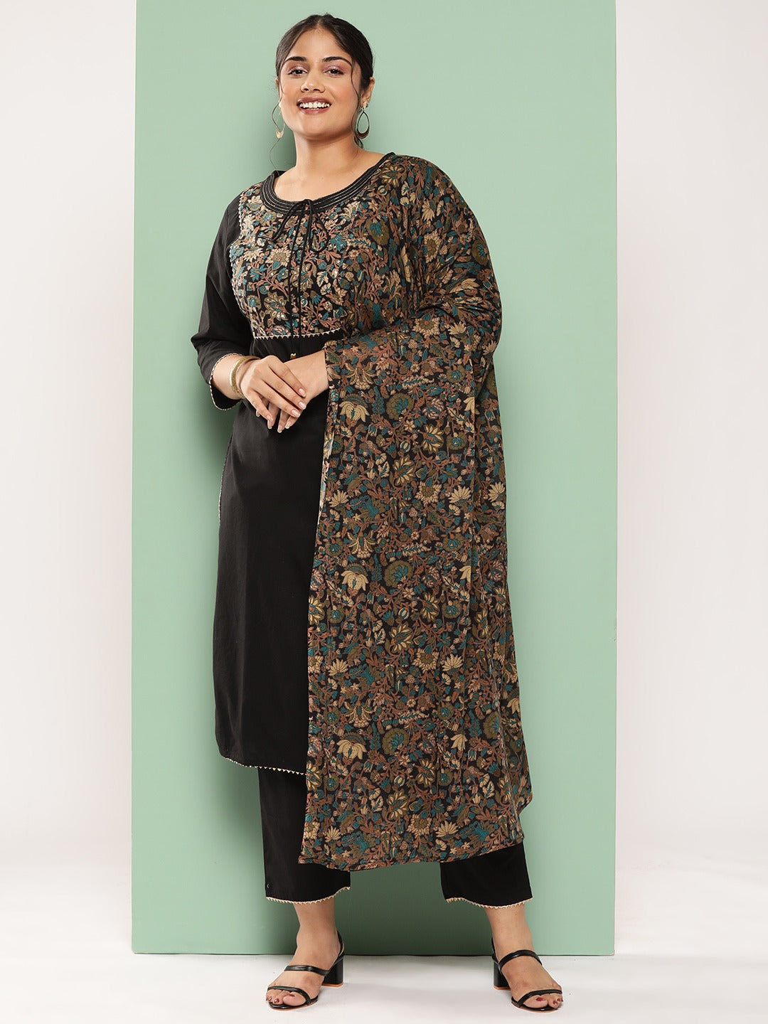 Plus Size Floral Yoke Design Sequined Cotton Kurta with Trousers & Dupatta-Yufta Store-9303PSKDBK3XL