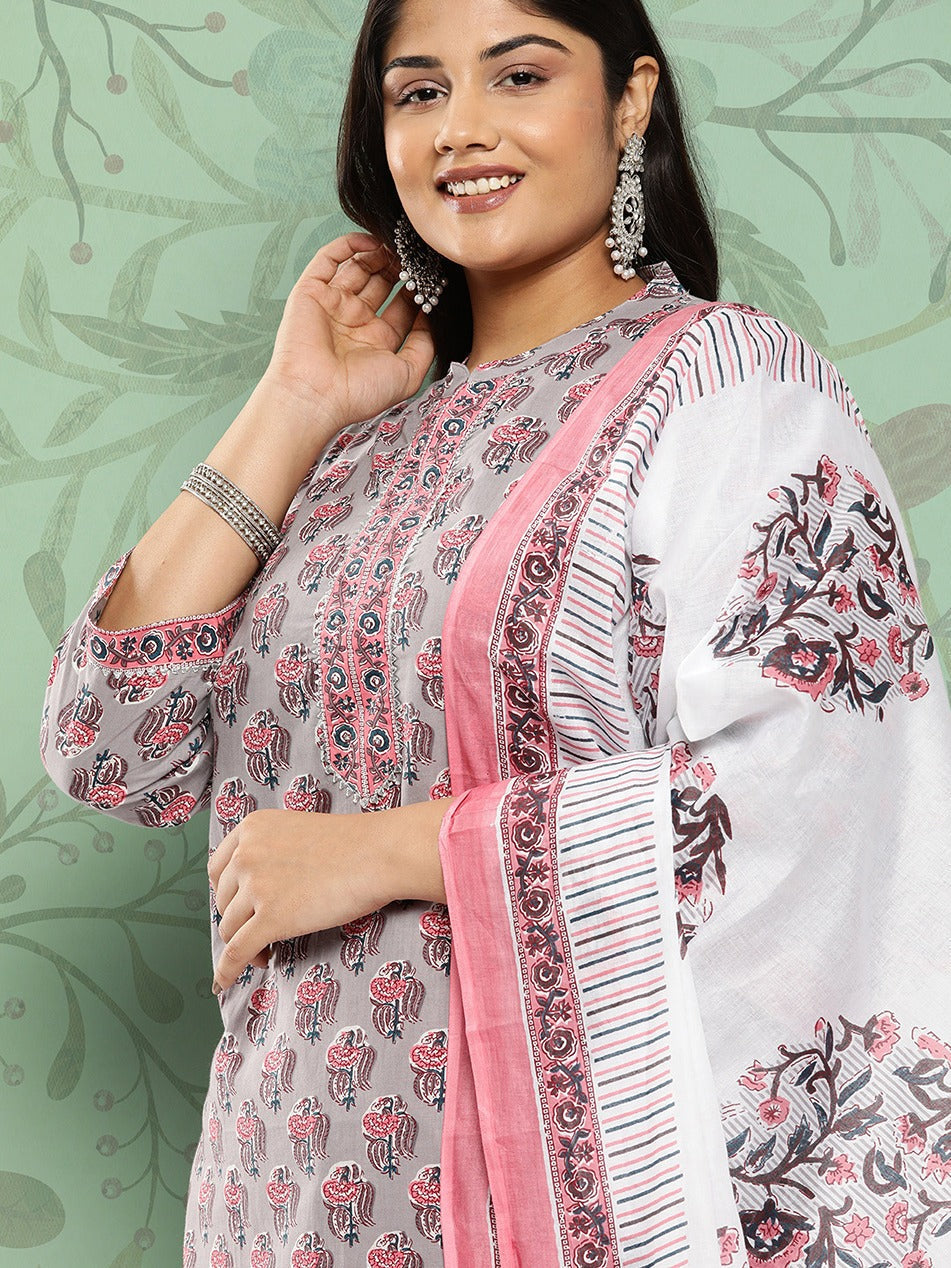 Plus Size Gotta Patti Cotton Kurta Dupatta Set-Yufta Store-9794PSKDGY3XL