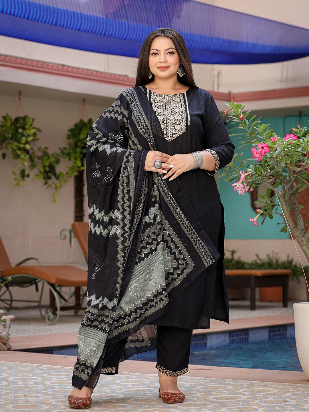 Plus Size Gotta Patti Kurta Dupatta Set-Yufta Store-7875PSKDBK3XL