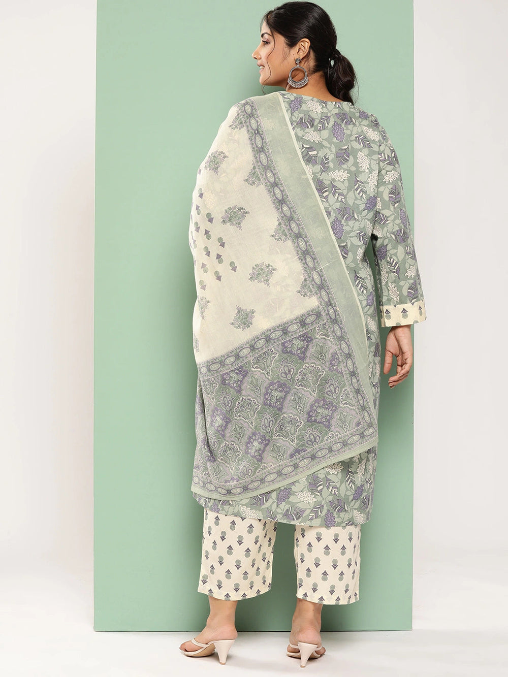 Plus Size Green Floral Printed Pure Cotton Kurta with Trousers & With Dupatta-Yufta Store-1254PSKDGR3XL