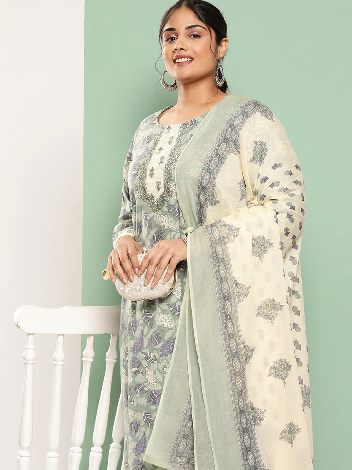 Plus Size Green Floral Printed Pure Cotton Kurta with Trousers & With Dupatta-Yufta Store-1254PSKDGR3XL