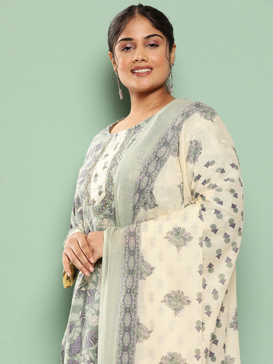 Plus Size Green Floral Printed Pure Cotton Kurta with Trousers & With Dupatta-Yufta Store-1254PSKDGR3XL