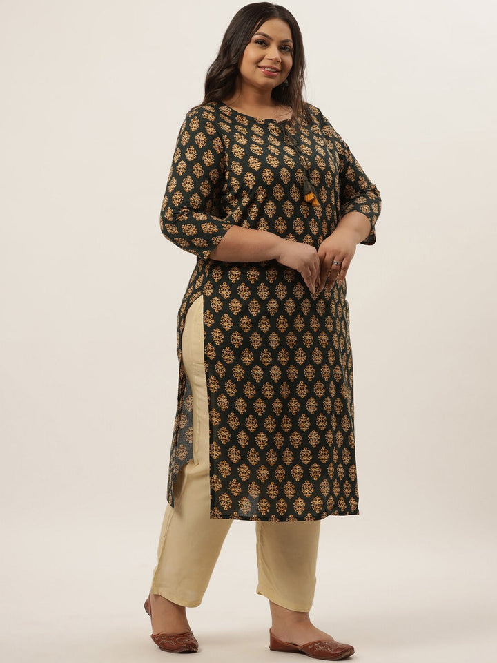 Plus Size Green Printed Kurta Set-Yufta Store-9209SETGR3XL