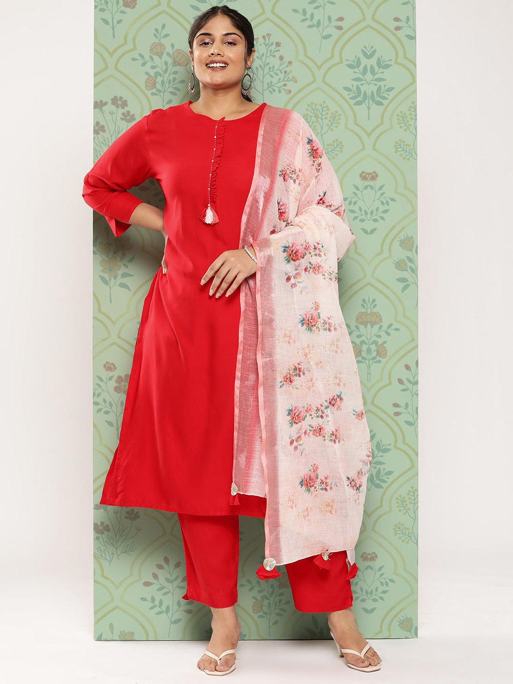 Plus Size Kantha Work Kurta with Trousers & Dupatta