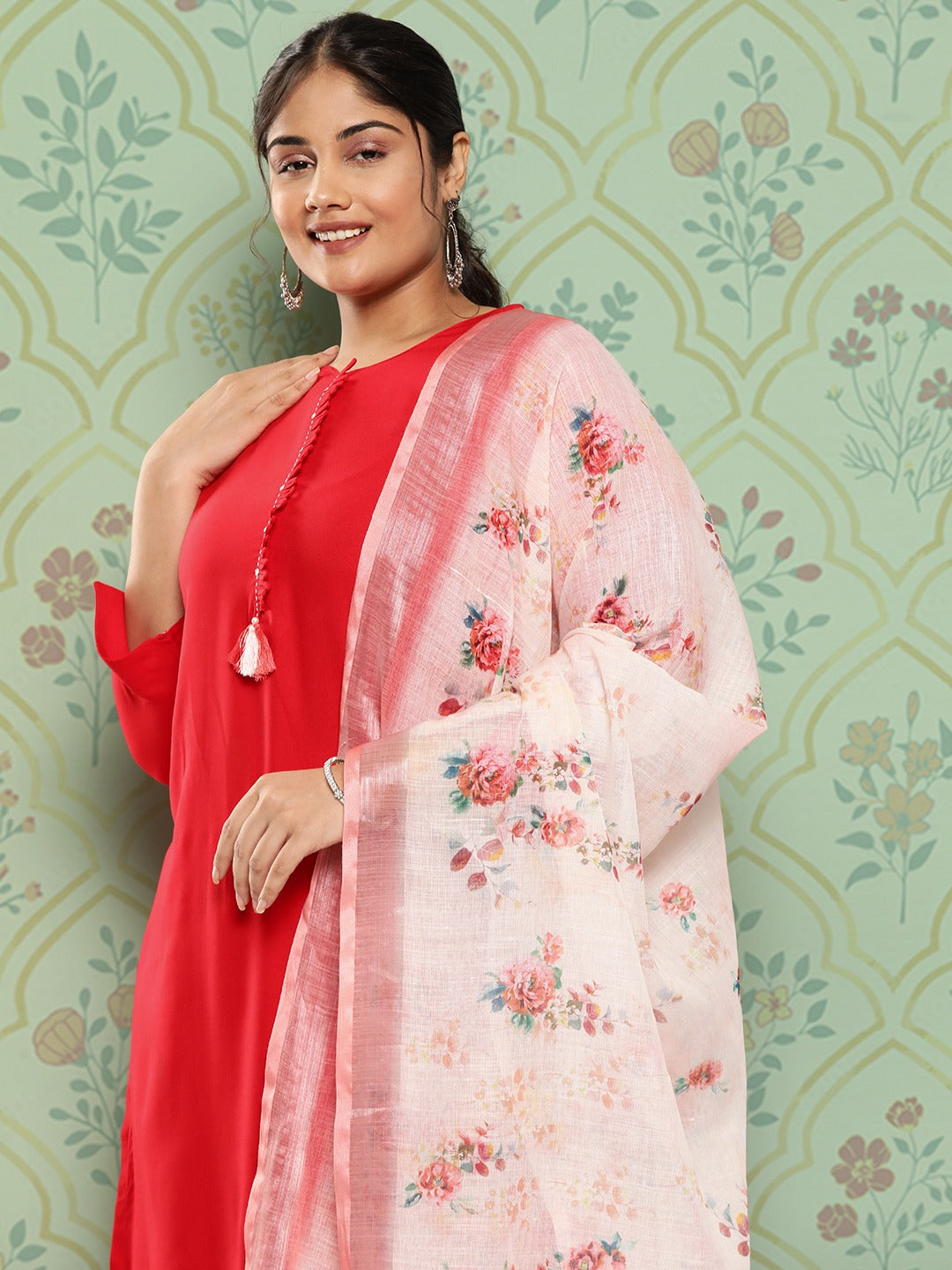 Plus Size Kantha Work Kurta with Trousers & Dupatta