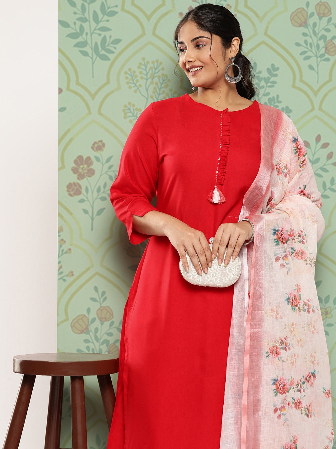 Plus Size Kantha Work Kurta with Trousers & Dupatta-Yufta Store-9879PSKDRD3XL