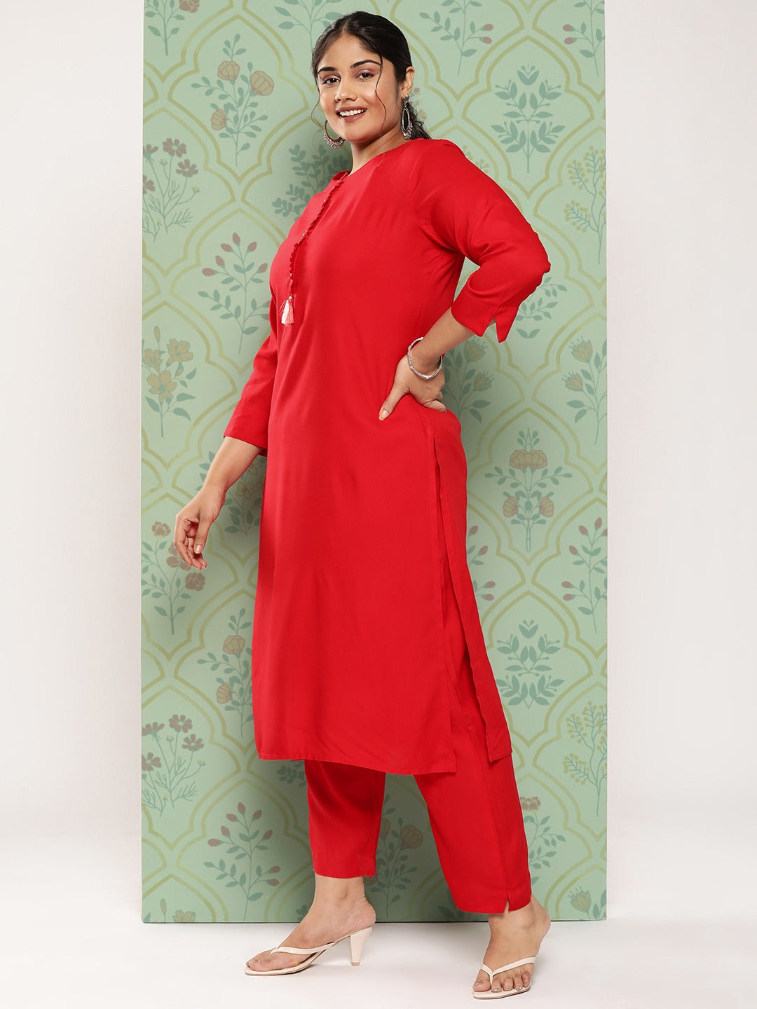 Plus Size Kantha Work Kurta with Trousers & Dupatta-Yufta Store-9879PSKDRD3XL