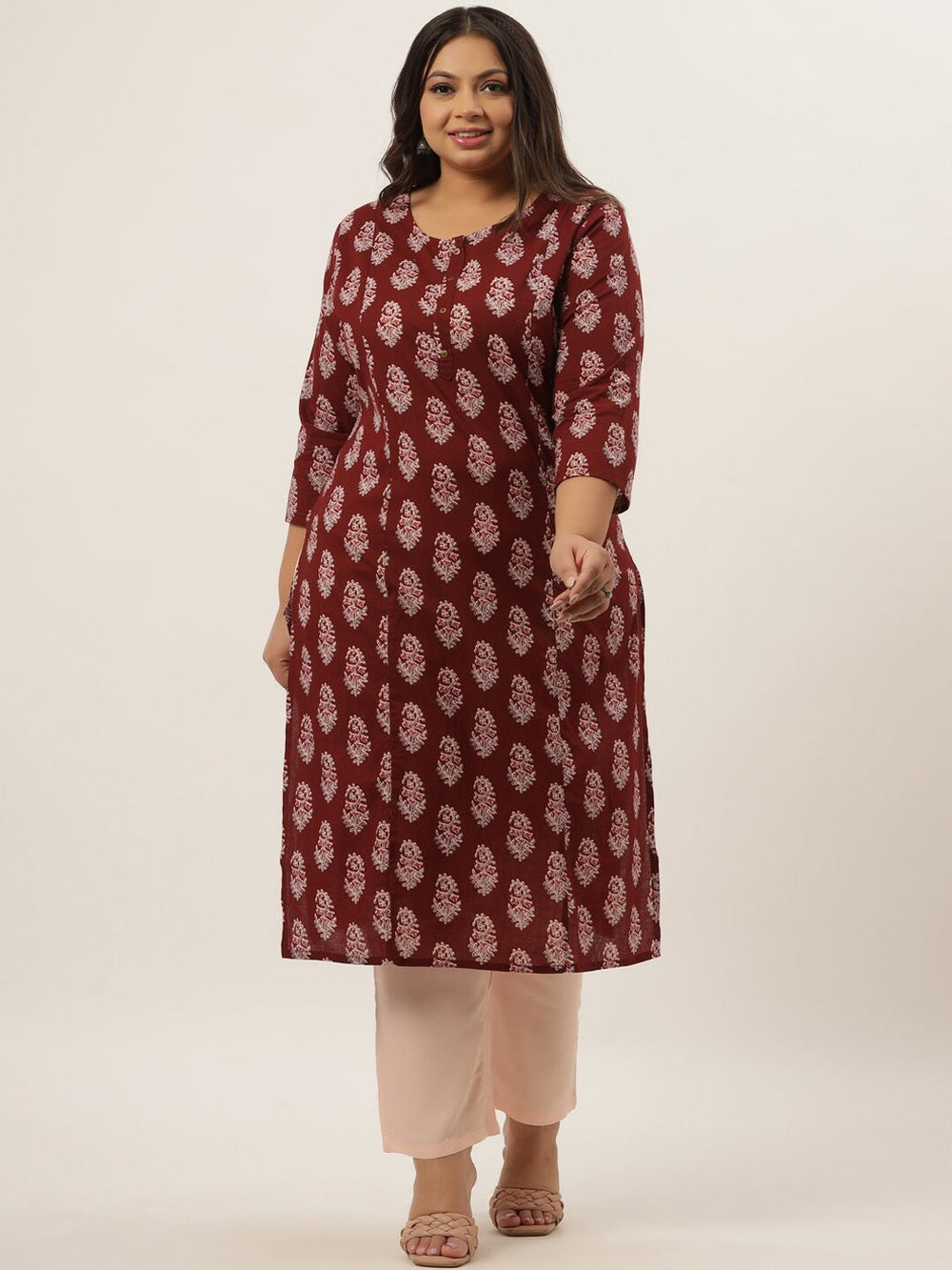 Plus Size Maroon Printed Kurta Set-Yufta Store-9207SETWN3XL