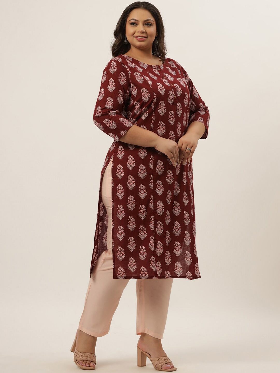 Plus Size Maroon Printed Kurta Set-Yufta Store-9207SETWN3XL