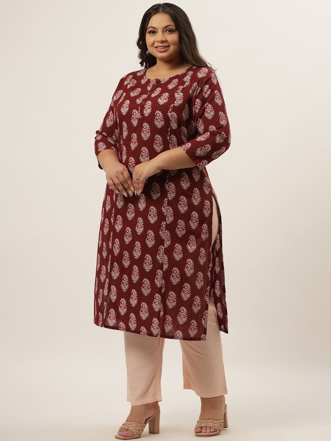 Plus Size Maroon Printed Kurta Set-Yufta Store-9207SETWN3XL