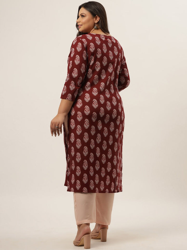 Plus Size Maroon Printed Kurta Set-Yufta Store-9207SETWN3XL