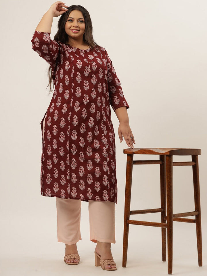 Plus Size Maroon Printed Kurta Set-Yufta Store-9207SETWN3XL