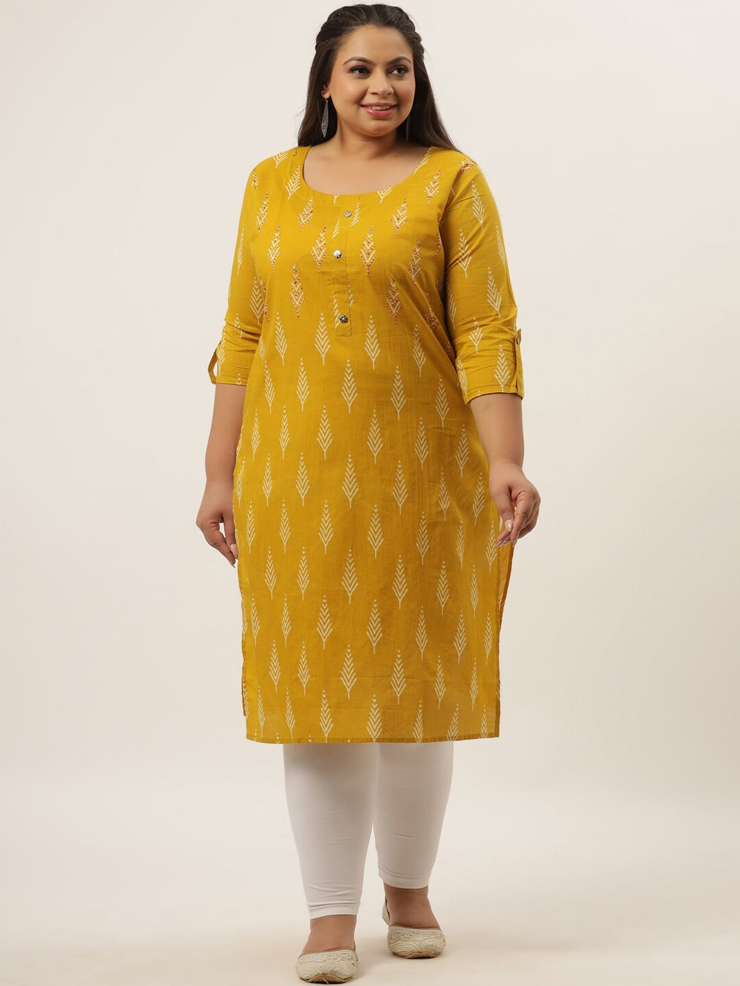 Plus Size Mustard Yellow Printed Kurta-Yufta Store-4726KURPMS3XL