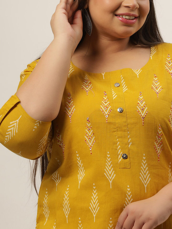 Plus Size Mustard Yellow Printed Kurta-Yufta Store-4726KURPMS3XL