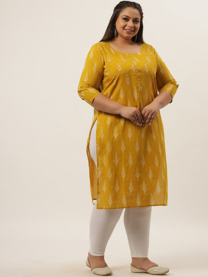 Plus Size Mustard Yellow Printed Kurta-Yufta Store-4726KURPMS3XL