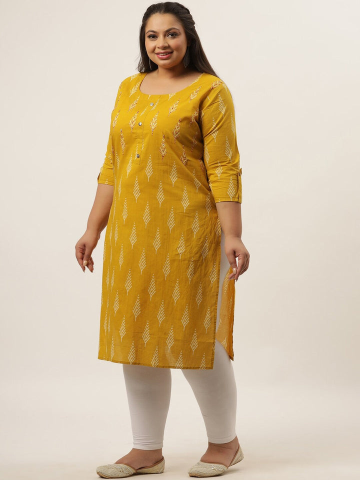 Plus Size Mustard Yellow Printed Kurta-Yufta Store-4726KURPMS3XL