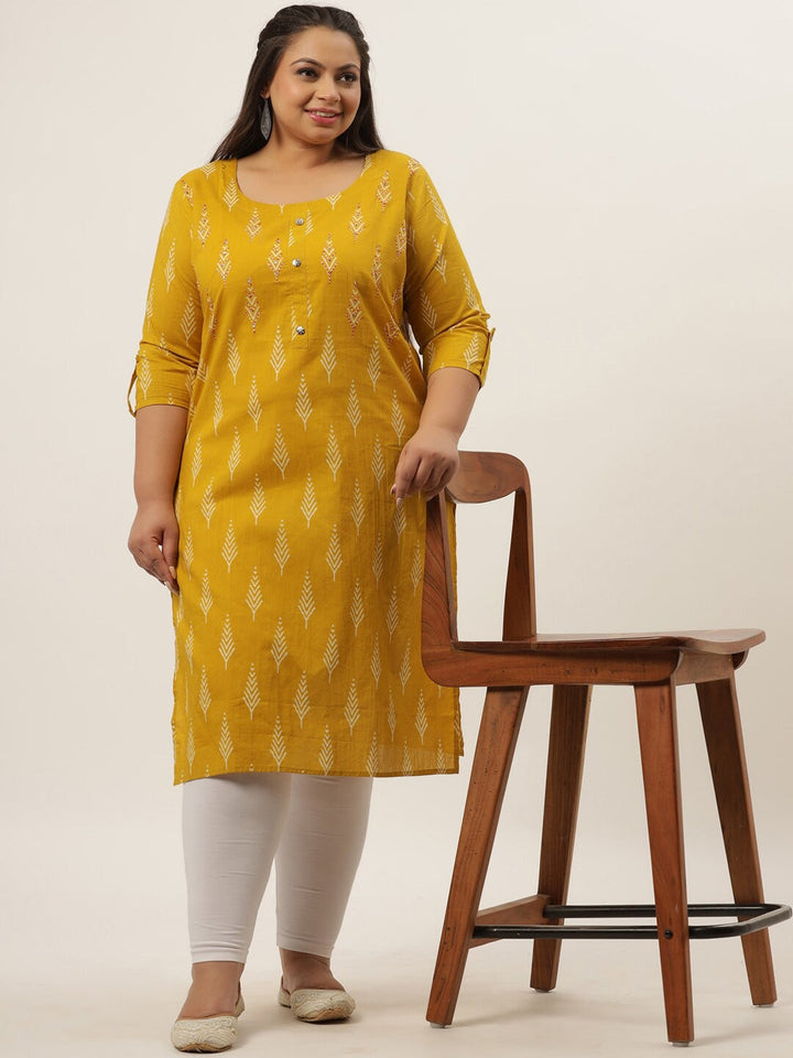 Plus Size Mustard Yellow Printed Kurta-Yufta Store-4726KURPMS3XL