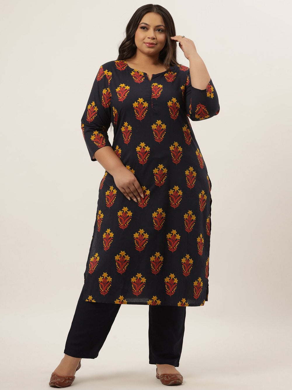 Plus Size Navy Blue Printed Kurta Set-Yufta Store-9203SETNB3XL