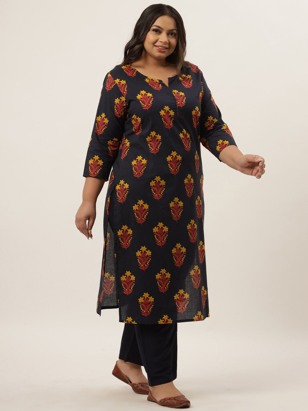 Plus Size Navy Blue Printed Kurta Set-Yufta Store-9203SETNB3XL