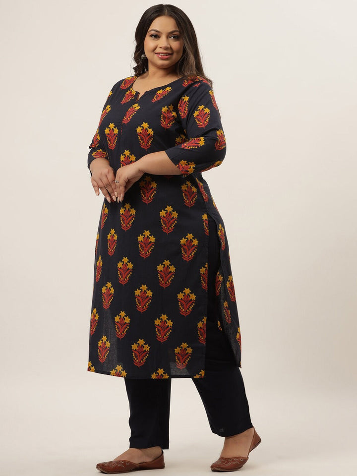 Plus Size Navy Blue Printed Kurta Set-Yufta Store-9203SETNB3XL