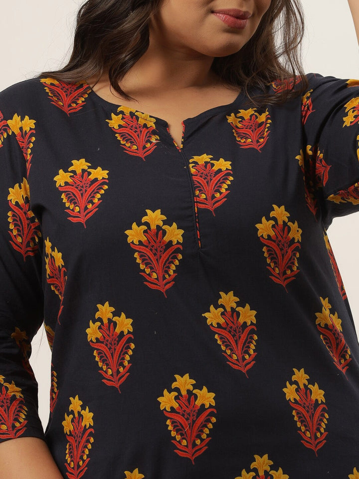 Plus Size Navy Blue Printed Kurta Set-Yufta Store-9203SETNB3XL