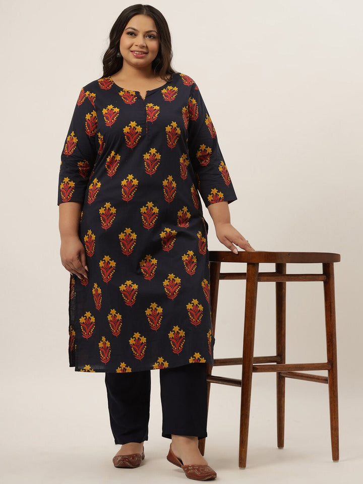 Plus Size Navy Blue Printed Kurta Set-Yufta Store-9203SETNB3XL