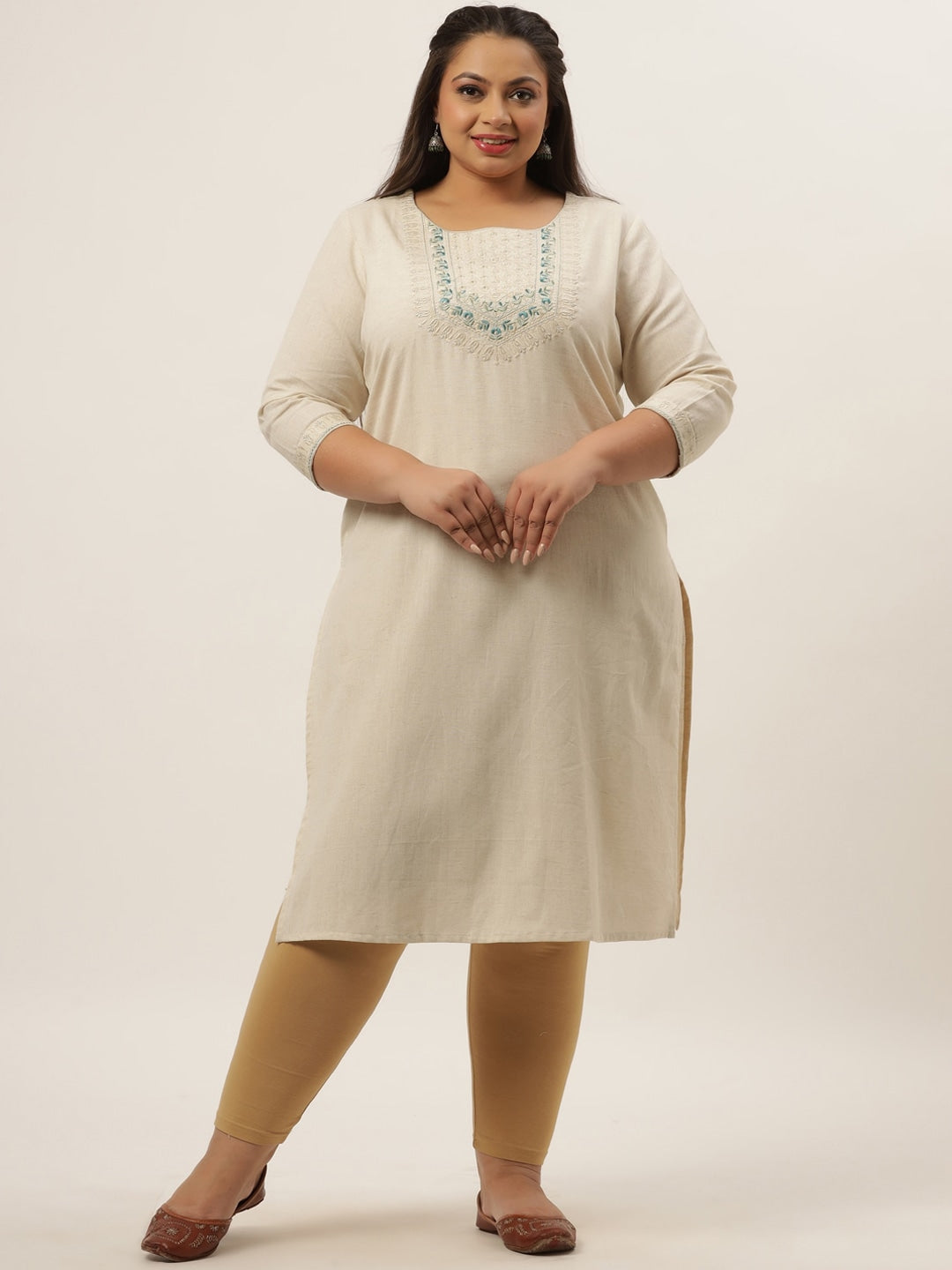 Plus Size Off White Ethnic Kurta-Yufta Store-9589KURPWH3XL