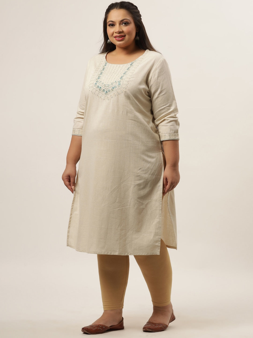 Plus Size Off White Ethnic Kurta-Yufta Store-9589KURPWH3XL