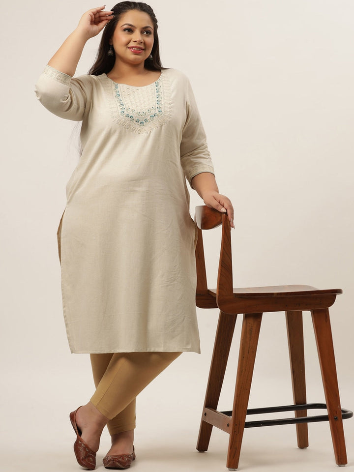 Plus Size Off White Ethnic Kurta-Yufta Store-9589KURPWH3XL