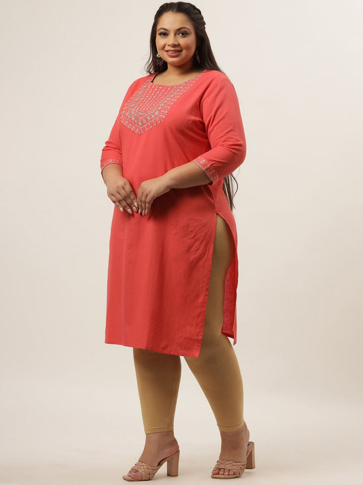 Plus Size Peach Ethnic Kurta-Yufta Store-9558KURPPC3XL