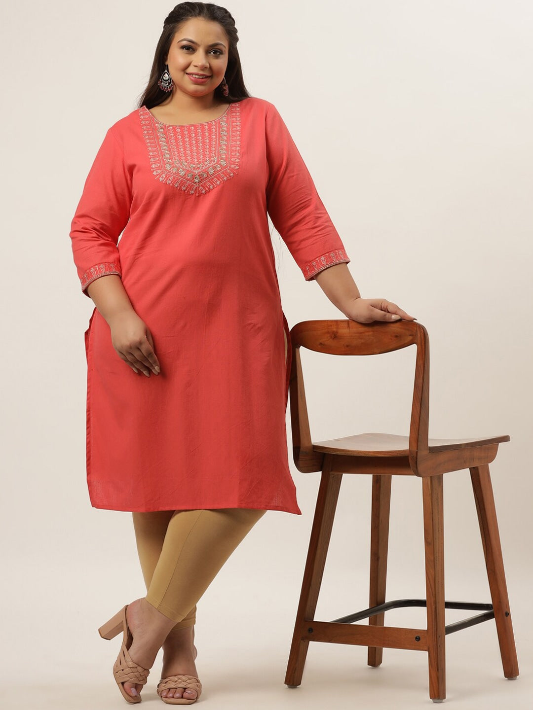 Plus Size Peach Ethnic Kurta-Yufta Store-9558KURPPC3XL