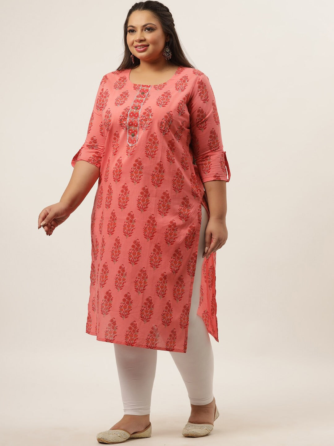 Plus Size Peach Ethnic Motifs Printed Kurta-Yufta Store-4735KURPPC3XL