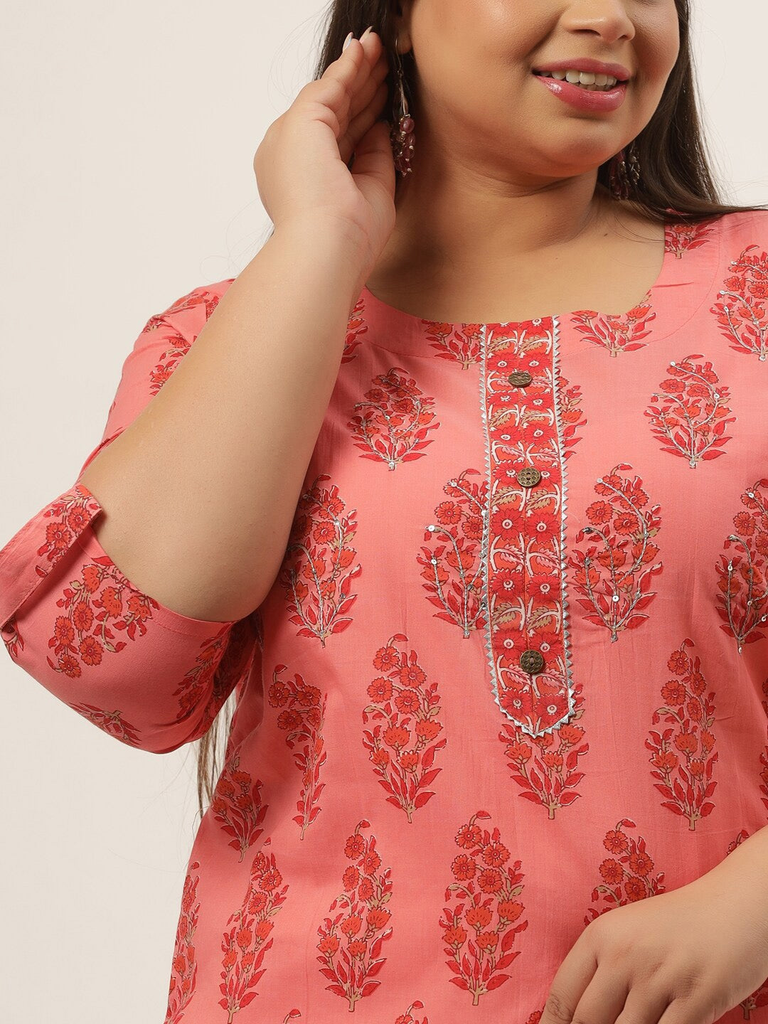 Plus Size Peach Ethnic Motifs Printed Kurta-Yufta Store-4735KURPPC3XL