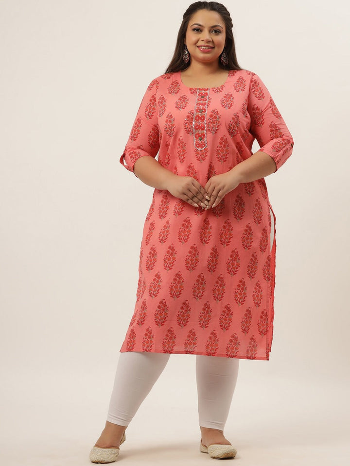 Plus Size Peach Ethnic Motifs Printed Kurta-Yufta Store-4735KURPPC3XL