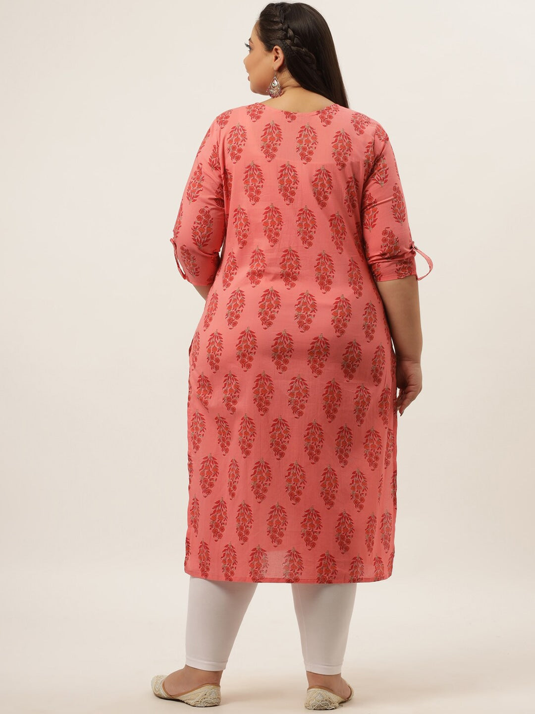 Plus Size Peach Ethnic Motifs Printed Kurta-Yufta Store-4735KURPPC3XL