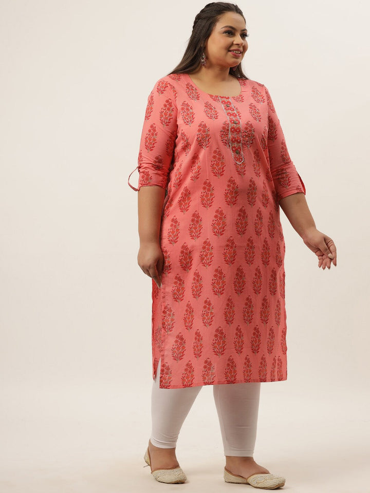 Plus Size Peach Ethnic Motifs Printed Kurta-Yufta Store-4735KURPPC3XL