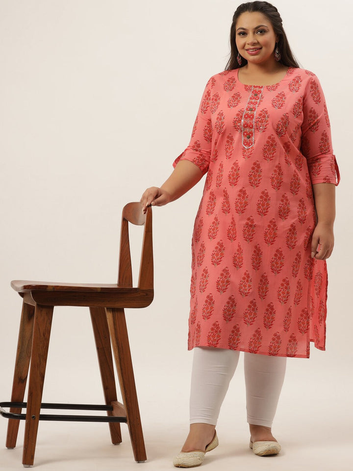 Plus Size Peach Ethnic Motifs Printed Kurta-Yufta Store-4735KURPPC3XL