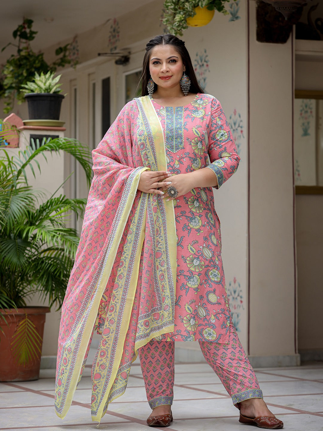 Plus Size Peach Floral Printed Regular Pure Cotton Kurta with Trousers & With Dupatta-Yufta Store-3903PSKDPC3XL